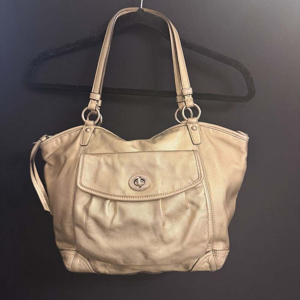 Coach Metallic Gold Leather Tote Bag Turnlock Pocket